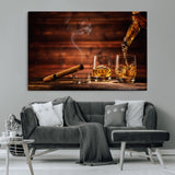 41139-MGV-CV-36X24-Whiskey and Cigar Still Life – Glasses with Ice and Pouring Amber Drink on Wooden Table with Smoke, Elegant Bar or Lounge Wall