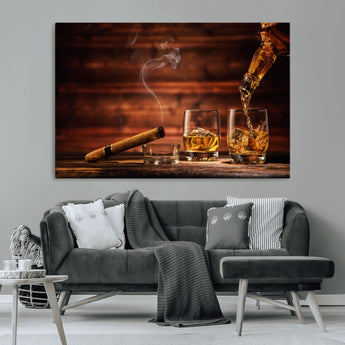 41139-MGV-CV-36X24-Whiskey and Cigar Still Life – Glasses with Ice and Pouring Amber Drink on Wooden Table with Smoke, Elegant Bar or Lounge Wall