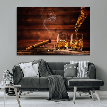 41139-MGV-CV-36X24-Whiskey and Cigar Still Life – Glasses with Ice and Pouring Amber Drink on Wooden Table with Smoke, Elegant Bar or Lounge Wall