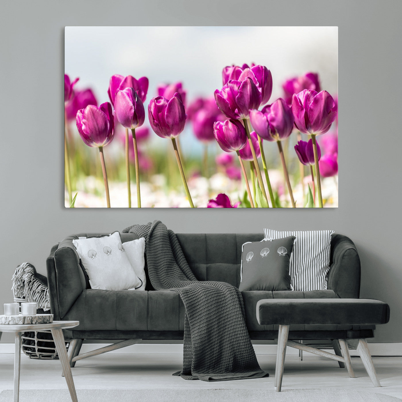 30632-MGV-CV-36X24-Purple Tulip Field Wall Art – Beautiful Spring Flowers Canvas Print with Soft Focus and Bright Sky, Ideal Floral Decor for Home or