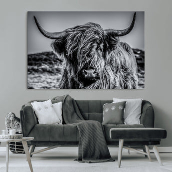 97372-MGV-CV-36X24-Elegant Highland Cow Wall Art – Black and White Canvas Print, Rustic Nature Decor for Home, Office, Living Room or Man Cave