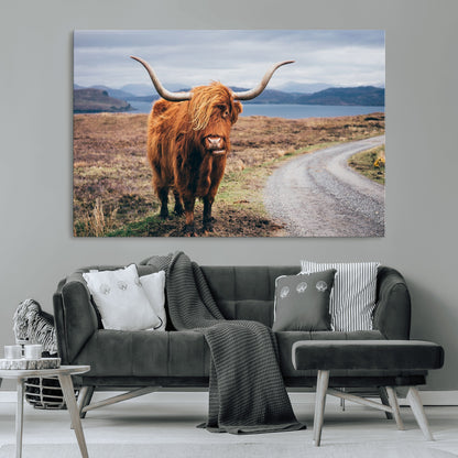 56121-MGV-CV-36X24-Rustic Highland Cow Wall Art – Panoramic Nature Canvas Print, Perfect Decor for Home, Office, Living Room or Man Cave