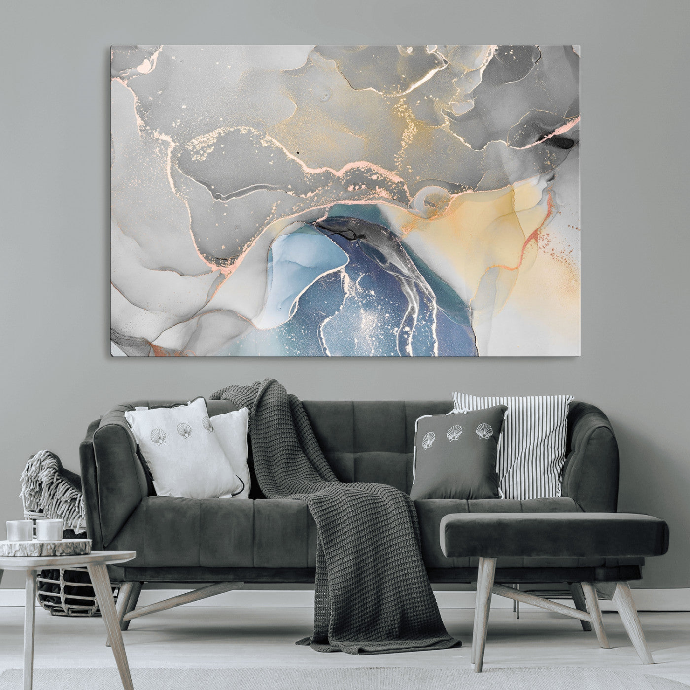 63211-MGV-CV-36X24-Abstract Fluid Art Wall Decor – Blue, Gray & Gold Canvas Print, Modern Home and Office Wall Art Decor for Living Room, Bedroom or
