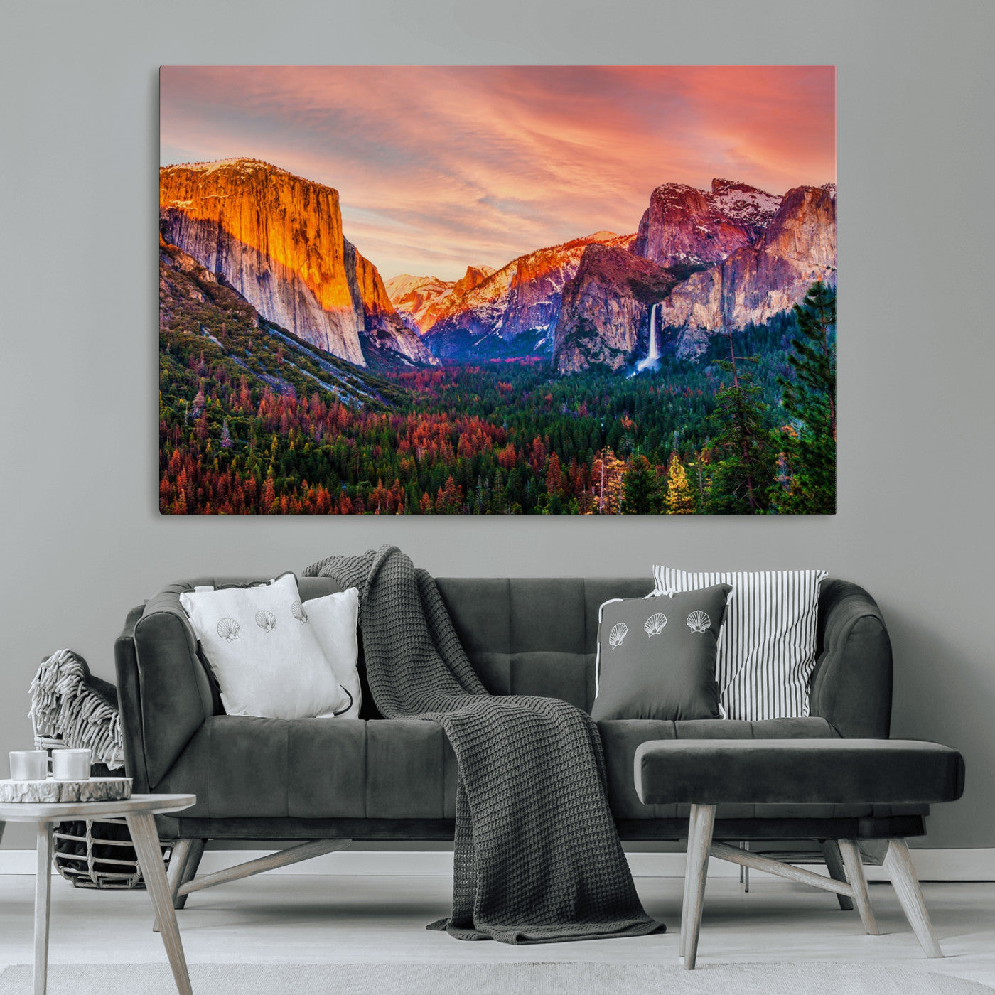 24519-MGV-CV-36X24-Yosemite Valley Sunset Wall Art – Majestic Mountain Landscape with Waterfall and Vibrant Sky, Nature Photography for Home or