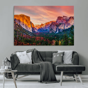 24519-MGV-CV-36X24-Yosemite Valley Sunset Wall Art – Majestic Mountain Landscape with Waterfall and Vibrant Sky, Nature Photography for Home or