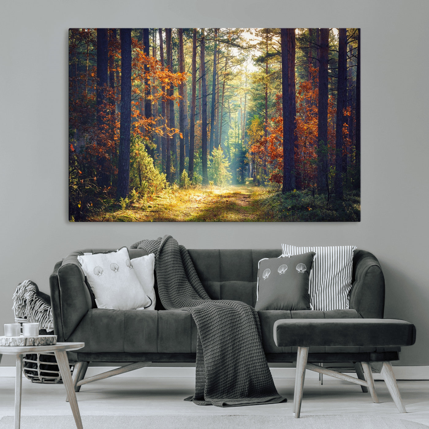 86249-MGV-CV-36X24-Sunlit Autumn Forest Path Wall Art – Peaceful Nature Scene with Fall Foliage, Calming Woods Decor for Home or Office