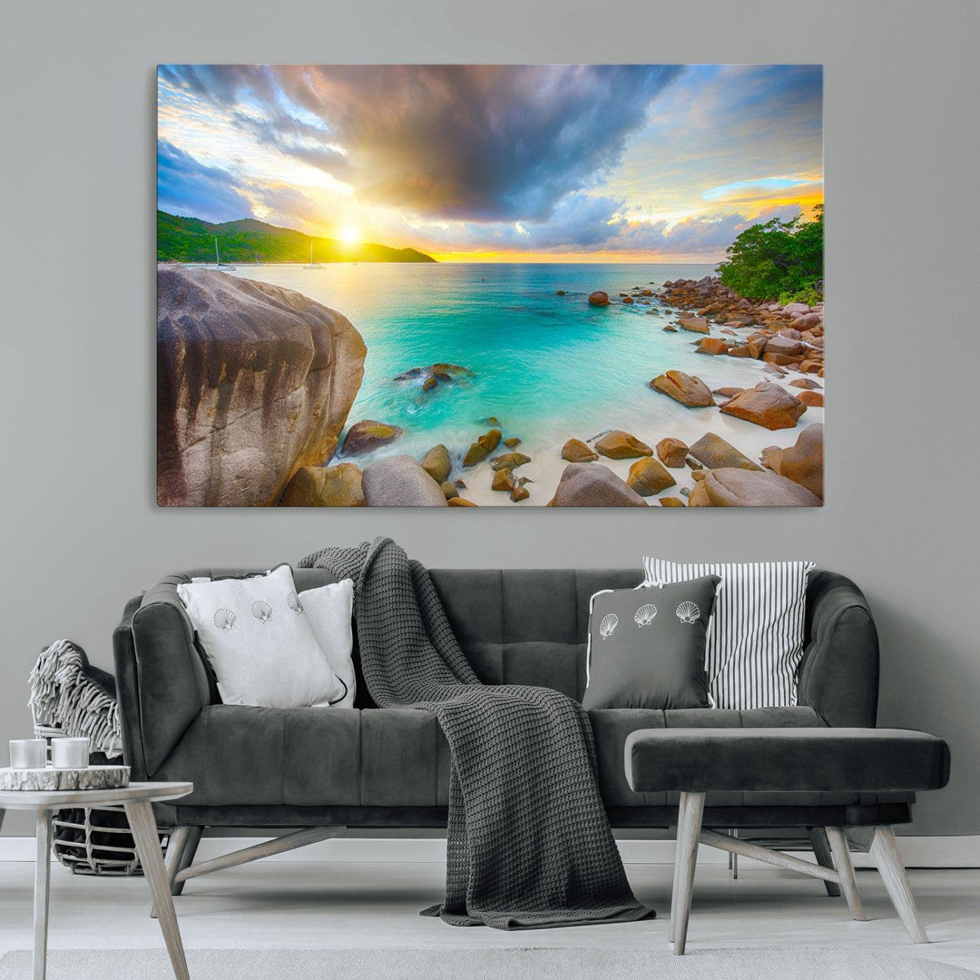 23769-MGV-CV-36X24-Tropical Beach Sunset Wall Art – Ocean Waves and Rocky Shore Canvas Print, Coastal Seascape Photography Decor