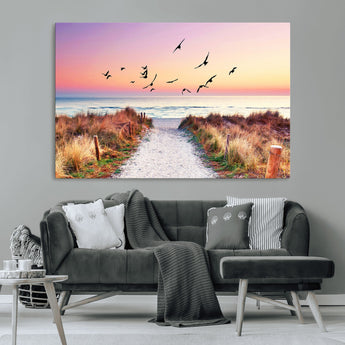 54411-MGV-CV-36X24-Beach Path with Birds Wall Art – Coastal Sunset Ocean Canvas Print, Seaside Nature Landscape Photography for Living Room, Bedroom