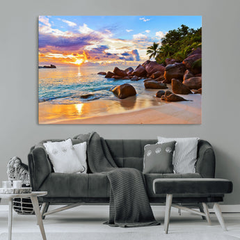 43209-MGV-CV-36X24-Tropical Beach Sunset Wall Art – Golden Ocean Waves and Palm Trees with Rocky Shore Canvas Print, Coastal Seascape Decor for