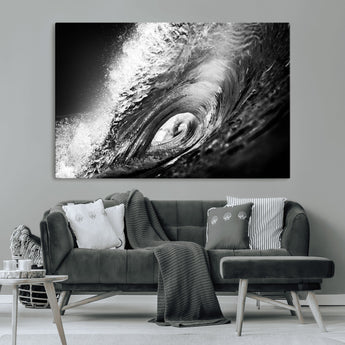 22702-MGV-CV-36X24-Black and White Ocean Wave Wall Art – Powerful Surf Curl Photography Canvas Print, Modern Coastal Decor for Living Room, Office or