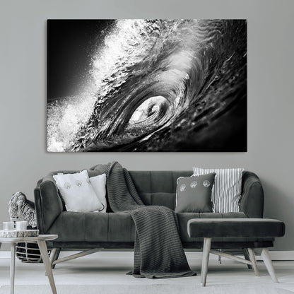 22702-MGV-CV-36X24-Black and White Ocean Wave Wall Art – Powerful Surf Curl Photography Canvas Print, Modern Coastal Decor for Living Room, Office or