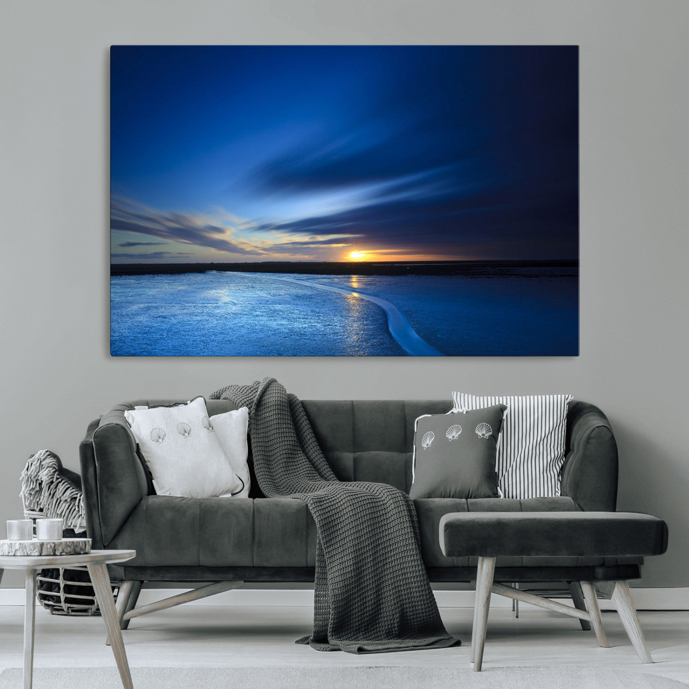 65405-MGV-CV-36X24-Blue Sunrise Seascape Wall Art – Tranquil Ocean Horizon Canvas Print with Golden Sunlight and Deep Sky, Coastal Landscape Decor