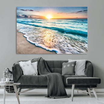 27815-MGV-CV-36X24-Ocean Sunrise Beach Wall Art – Serene Coastal Canvas Print with Waves and Golden Morning Light, Relaxing Seascape Decor for