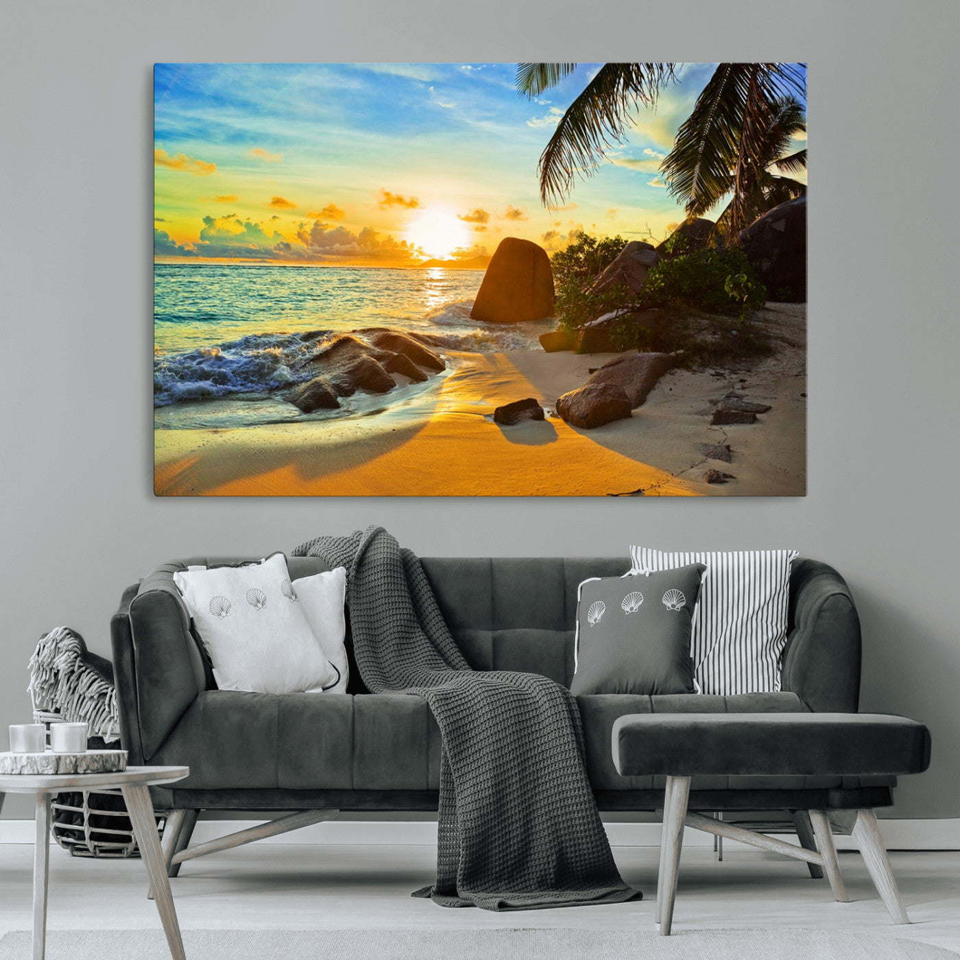 26181-MGV-CV-36X24-Golden Tropical Sunset Beach Wall Art – Ocean Canvas Print with Palm Trees and Rocks, Coastal Paradise Decor for Living Room or
