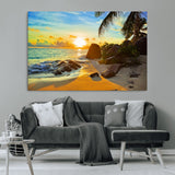 26181-MGV-CV-36X24-Golden Tropical Sunset Beach Wall Art – Ocean Canvas Print with Palm Trees and Rocks, Coastal Paradise Decor for Living Room or