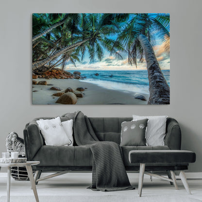39679-MGV-CV-36X24-Tropical Palm Beach Wall Art – Serene Ocean Canvas Print with Palm Trees and Rocks, Coastal Paradise Decor for Living Room or