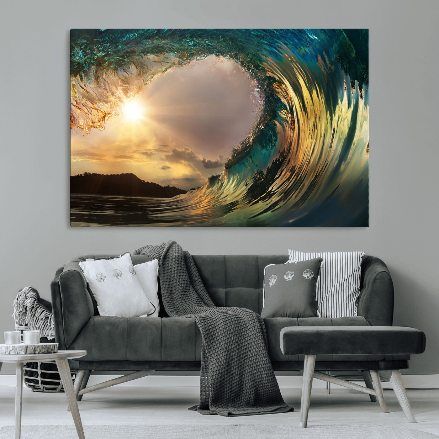 38256-MGV-CV-36X24-Ocean Wave Wall Art – Stunning Sunrise Through Curling Wave Canvas Print, Coastal Surf Photography Seascape Decor for Living Room,