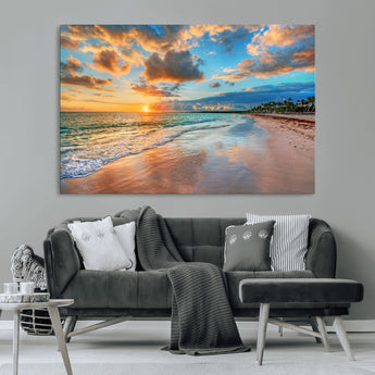 41572-MGV-CV-36X24-Sunset Beach Wall Art – Ocean Waves and Palm Trees Canvas Print, Tropical Coastal Sunset Seascape Decor for Living Room, Bedroom
