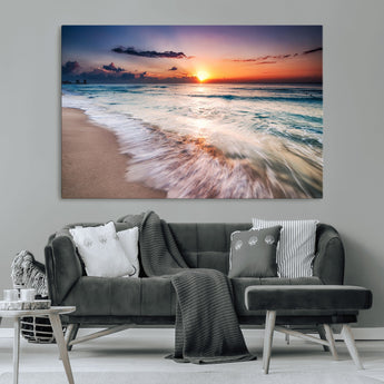 99906-MGV-CV-36X24-Morning Tide Canvas Print – Soft Sunrise Ocean Waves Wall Art, Coastal Serenity Decor for Home & Office
