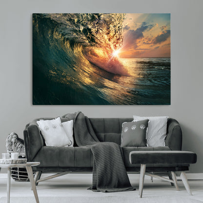 55359-MGV-CV-36X24-Radiant Ocean Wave Wall Art – Panoramic Surf Canvas Print, Vibrant Sunset Beach Decor for Home, Office or Man Cave