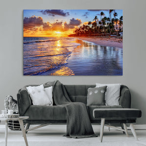 19917-MGV-CV-36X24-Tropical Sunset Beach Wall Art – Panoramic Palm Trees and Ocean Canvas Print, Vibrant Coastal Decor for Living Room, Office or Man