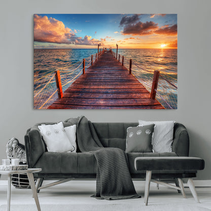 28836-MGV-CV-36X24-Ocean Pier Sunset Wall Art – Wooden Dock and Golden Horizon Canvas Print, Coastal Seascape Photography for Living Room, Bedroom,