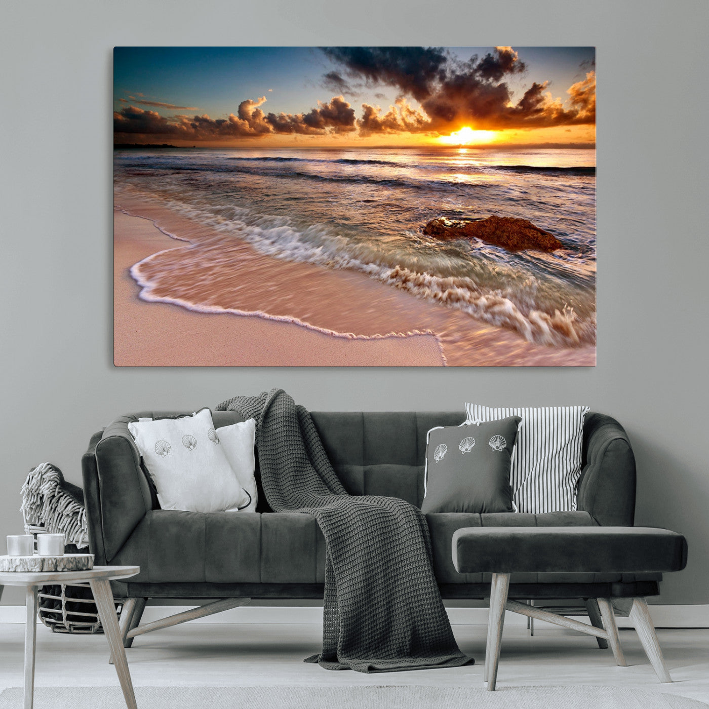 80979-MGV-CV-36X24-Golden Sunrise Beach Wall Art – Ocean Waves and Sandy Shore Canvas Print, Coastal Sunset Photography Artwork for Living Room,