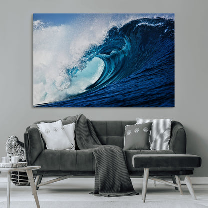 89502-MGV-CV-36X24-Powerful Ocean Wave Wall Art – Panoramic Blue Sea Wave Canvas Print, Coastal Surf Photography Artwork for Living Room, Bedroom, or