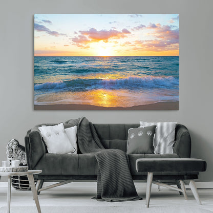 78006-MGV-CV-36X24-Golden Sunrise Ocean Wall Art – Panoramic Beach Waves Canvas Print, Coastal Seascape Artwork for Living Room, Bedroom, Office, or