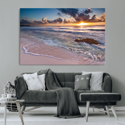 94906-MGV-CV-36X24-Sunrise Beach Wall Art – Panoramic Ocean Waves Canvas Print, Coastal Sunset Seascape Artwork for Living Room, Bedroom, or Office