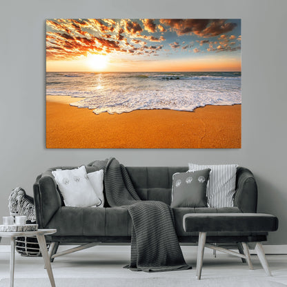 15399-MGV-CV-36X24-Golden Sunrise Beach Wall Art – Ocean Waves on Sandy Shore Canvas Print, Coastal Seascape Decor for Living Room or Bedroom