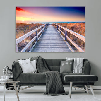 60625-MGV-CV-36X24-Beach Boardwalk Sunrise Wall Art – Coastal Pathway to Ocean Canvas Print, Seaside Landscape Decor for Home or Office