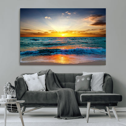 50627-MGV-CV-36X24-Ocean Sunset Wall Art – Serene Beach Canvas Print with Waves and Golden Sky, Coastal Decor for Living Room or Office