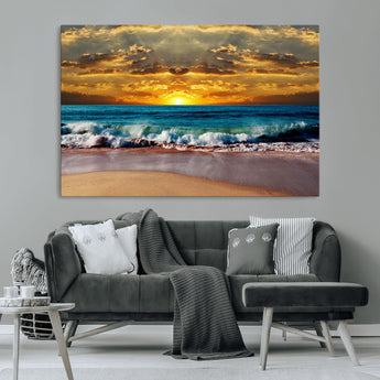 83389-MGV-CV-36X24-Ocean Sunrise Wall Art – Vibrant Beach Waves Canvas Print, Coastal Seascape Decor for Living Room or Office