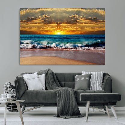 83389-MGV-CV-36X24-Ocean Sunrise Wall Art – Vibrant Beach Waves Canvas Print, Coastal Seascape Decor for Living Room or Office