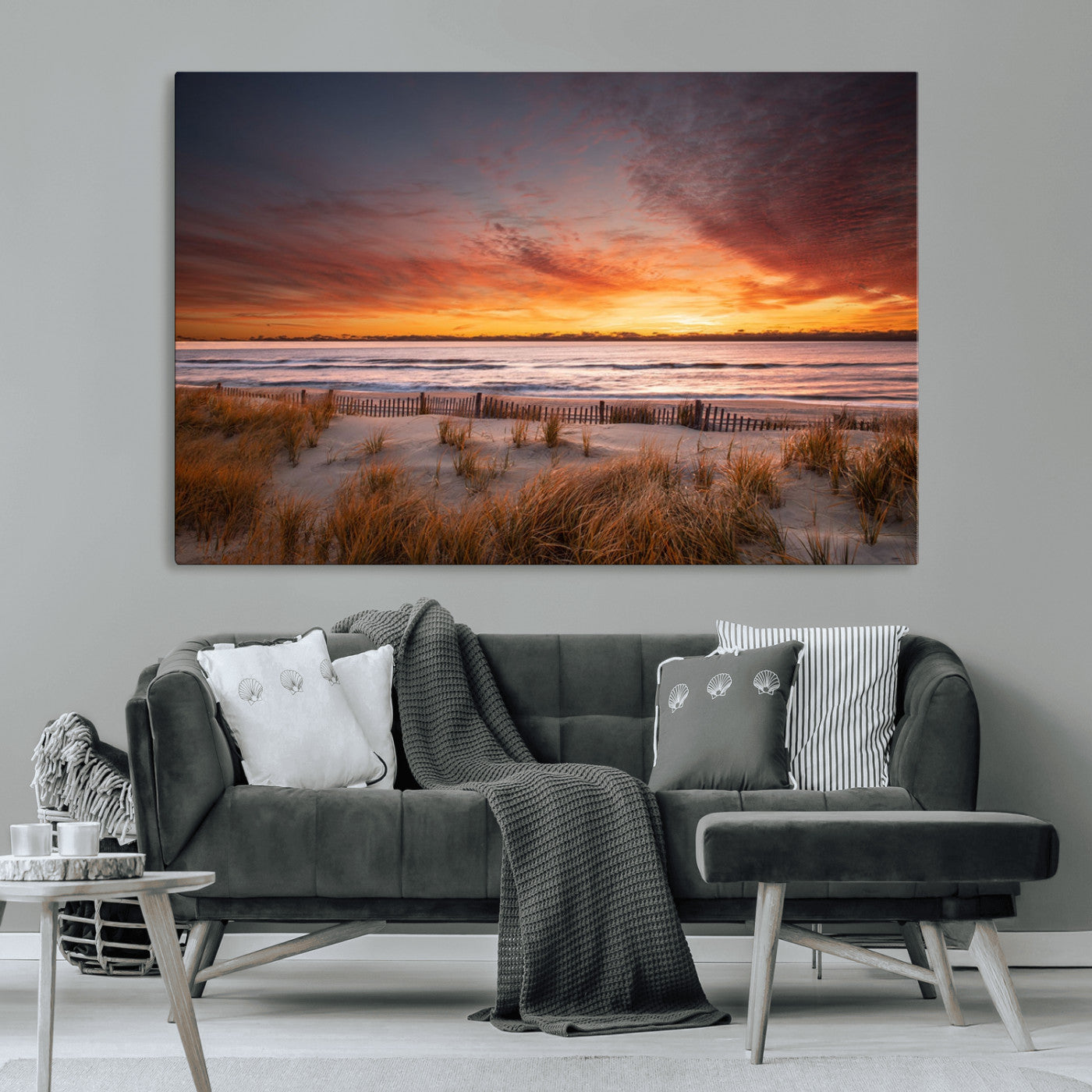 90176-MGV-CV-36X24-Beach Sunset Wall Art – Coastal Sand Dune Canvas Print with Ocean Waves and Dramatic Sky, Seaside Landscape Decor for Living Room