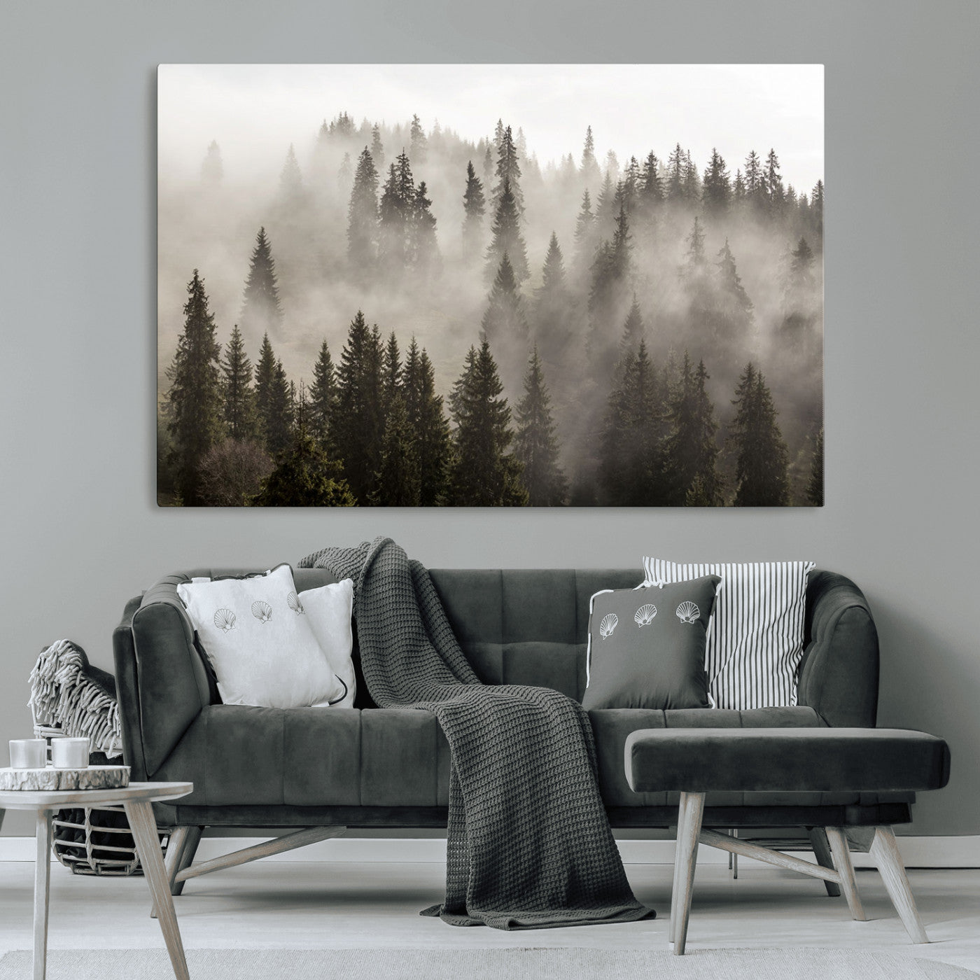 62862-MGV-CV-36X24-Misty Forest Wall Art – Tranquil Pine Tree Canvas Print with Mountain Fog, Nature Landscape Artwork for Living Room, Bedroom, or