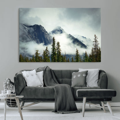 93219-MGV-CV-36X24-Misty Mountain Wall Art – Foggy Pines and Rocky Peaks Canvas Print, Nature Landscape Decor for Living Room, Office or Bedroom