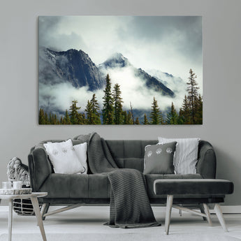 93219-MGV-CV-36X24-Misty Mountain Wall Art – Foggy Pines and Rocky Peaks Canvas Print, Nature Landscape Decor for Living Room, Office or Bedroom