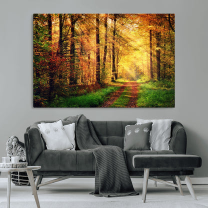 73494-MGV-CV-36X24-Golden Autumn Forest Path Wall Art – Sunlit Woodland Canvas Print, Fall Nature Landscape Home Decoration