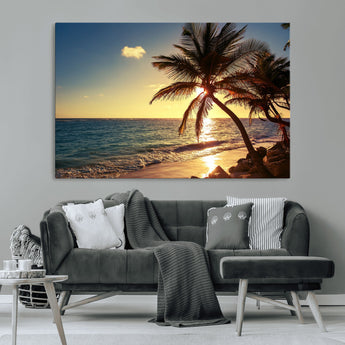 82710-MGV-CV-36X24-Palm Tree Sunset Beach Wall Art – Tropical Ocean Canvas Print, Coastal Paradise Seascape Decor for Living Room or Office Wall