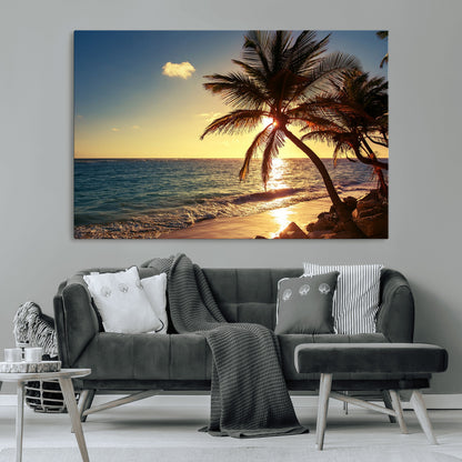 82710-MGV-CV-36X24-Palm Tree Sunset Beach Wall Art – Tropical Ocean Canvas Print, Coastal Paradise Seascape Decor for Living Room or Office Wall