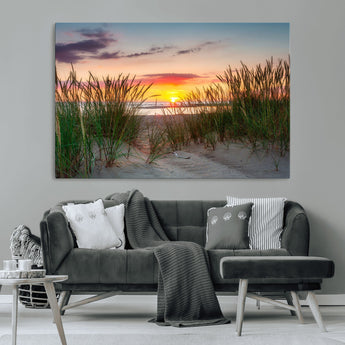 25576-MGV-CV-36X24-Beach Grass Sunset Wall Art – Coastal Sand Dune Landscape Canvas Print, Ocean View Nature Decor for Living Room or Office Wall