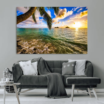 68606-MGV-CV-36X24-Tropical Palm Tree Ocean Wall Art – Sunset Beach Seascape Print, Coastal Paradise Decor for Living Room or Office