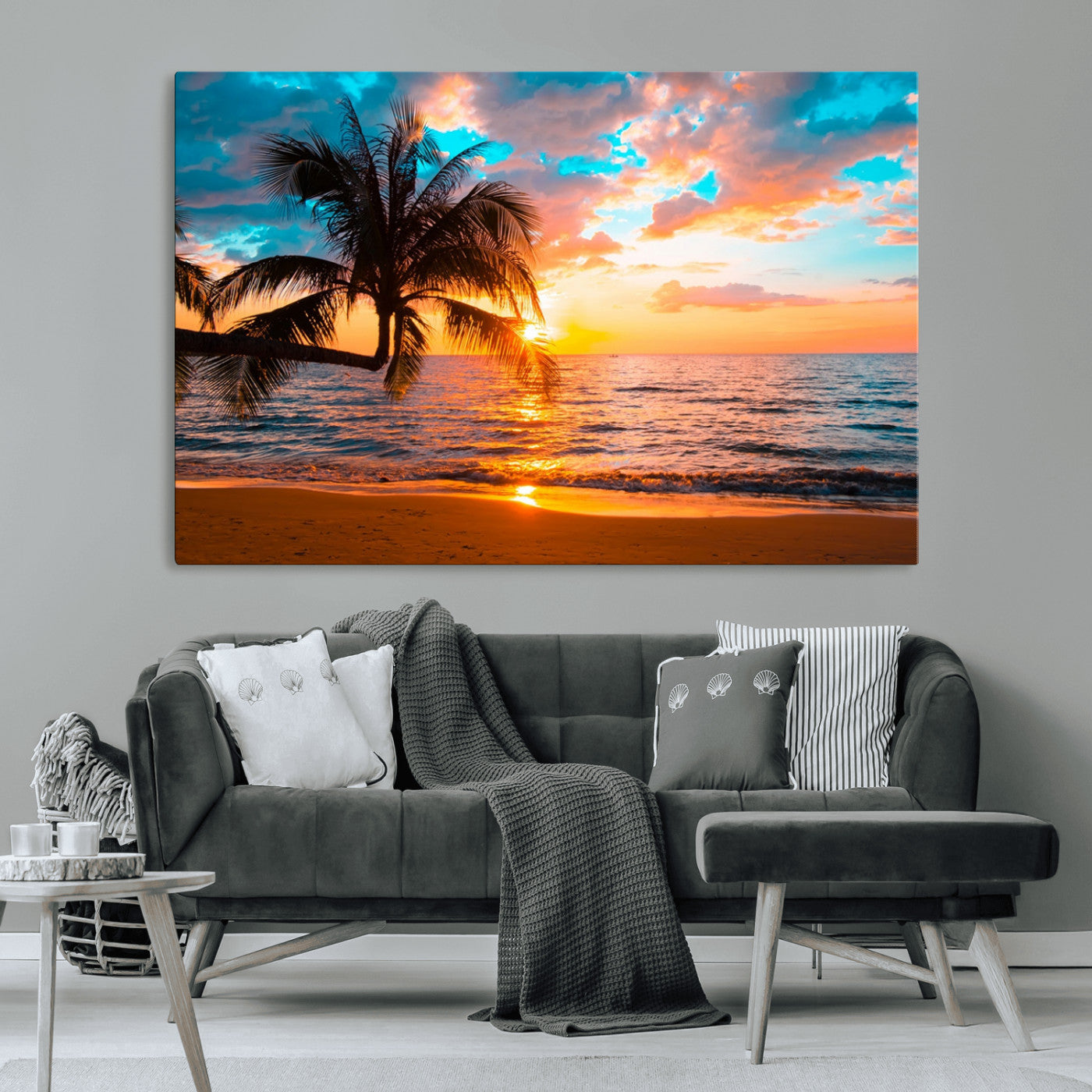 34674-MGV-CV-36X24-Tropical Sunset Beach Wall Art – Palm Tree Ocean Canvas Print, Coastal Seascape Decor for Living Room or Office Wall