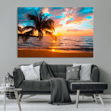 34674-MGV-CV-36X24-Tropical Sunset Beach Wall Art – Palm Tree Ocean Canvas Print, Coastal Seascape Decor for Living Room or Office Wall