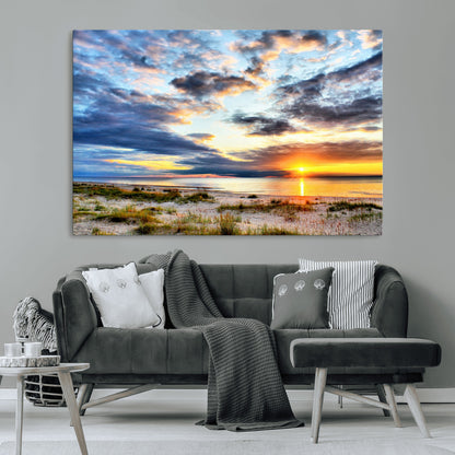 39645-MGV-CV-36X24-Golden Beach Sunset Wall Art – Serene Ocean Horizon Canvas Print, Coastal Nature Landscape Decor for Living Room, Bedroom or