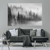 57235-MGV-CV-36X24-Misty Pine Forest Wall Art – Black and White Mountain Landscape Canvas Print, Nature Woodland Decor for Living Room, Bedroom or