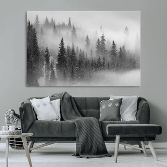 57235-MGV-CV-36X24-Misty Pine Forest Wall Art – Black and White Mountain Landscape Canvas Print, Nature Woodland Decor for Living Room, Bedroom or