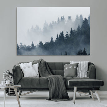 23671-MGV-CV-36X24-Misty Forest Wall Art – Serene Foggy Pine Trees Landscape Canvas Print, Tranquil Nature Decor for Living Room, Bedroom or Office